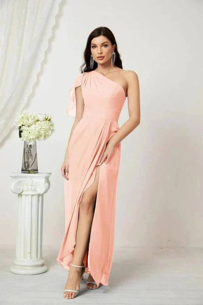 Numbersea  Chiffon Ruffled One Shoulder Long Bridesmaid Dresses A-line Formal Evening Gown Side Split 2809 - Image 157