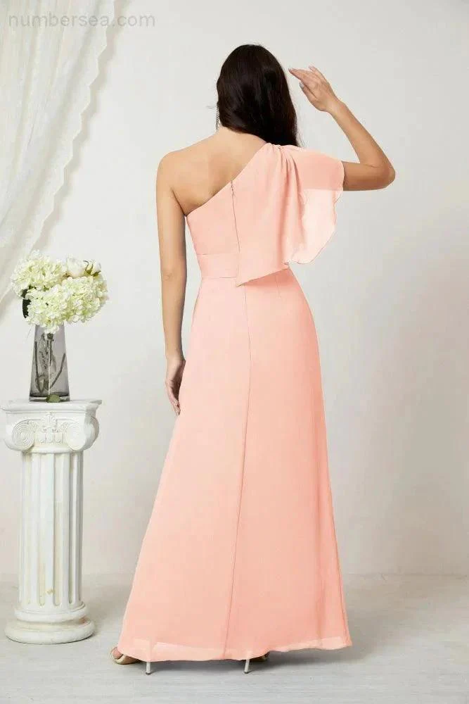 Numbersea  Chiffon Ruffled One Shoulder Long Bridesmaid Dresses A-line Formal Evening Gown Side Split 2809 - Image 158