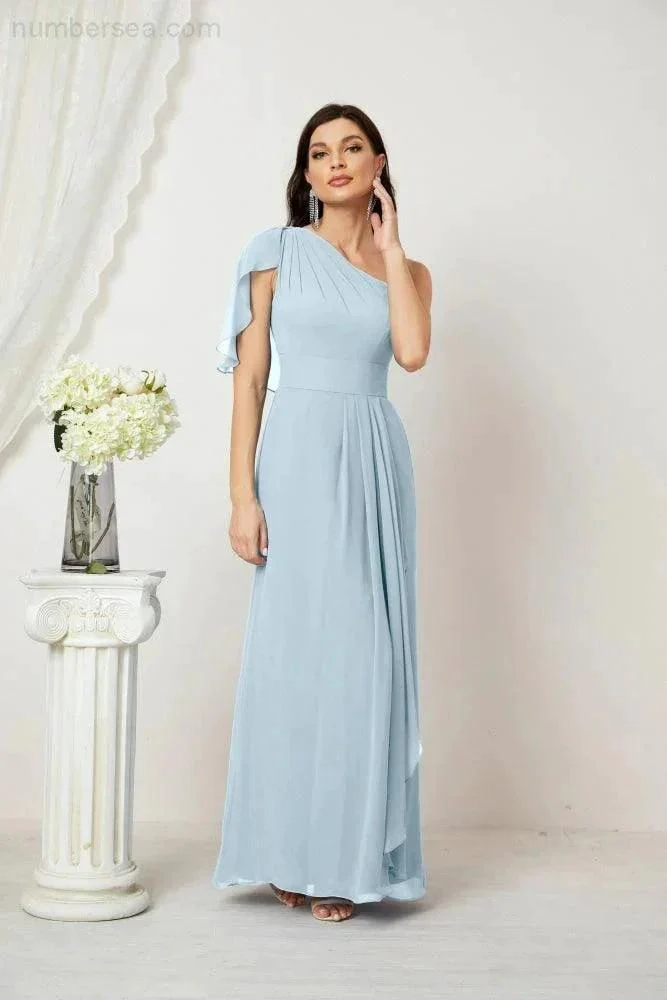 Numbersea  Chiffon Ruffled One Shoulder Long Bridesmaid Dresses A-line Formal Evening Gown Side Split 2809 - Image 16