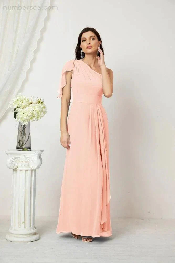 Numbersea  Chiffon Ruffled One Shoulder Long Bridesmaid Dresses A-line Formal Evening Gown Side Split 2809 - Image 160