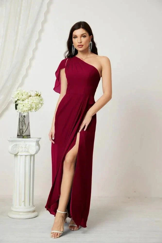 Numbersea  Chiffon Ruffled One Shoulder Long Bridesmaid Dresses A-line Formal Evening Gown Side Split 2809 - Image 161