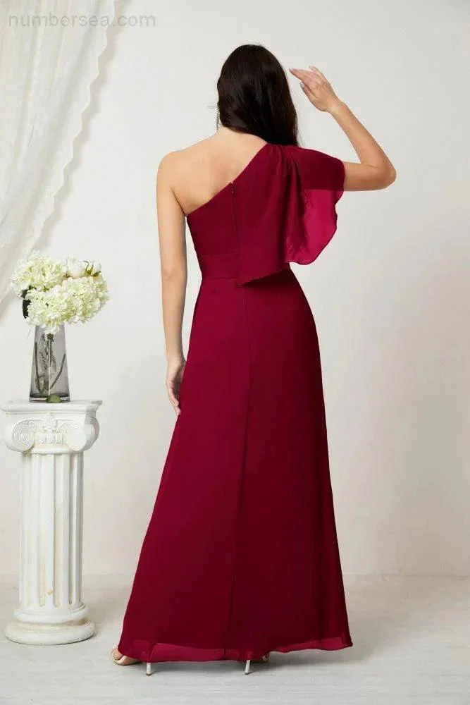 Numbersea  Chiffon Ruffled One Shoulder Long Bridesmaid Dresses A-line Formal Evening Gown Side Split 2809 - Image 162