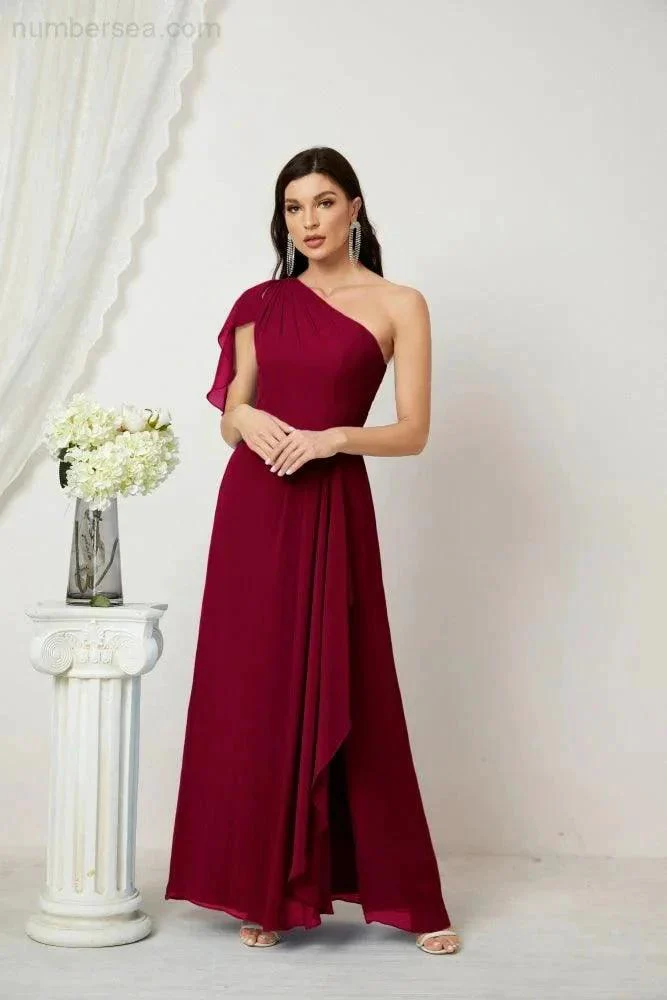Numbersea  Chiffon Ruffled One Shoulder Long Bridesmaid Dresses A-line Formal Evening Gown Side Split 2809 - Image 163