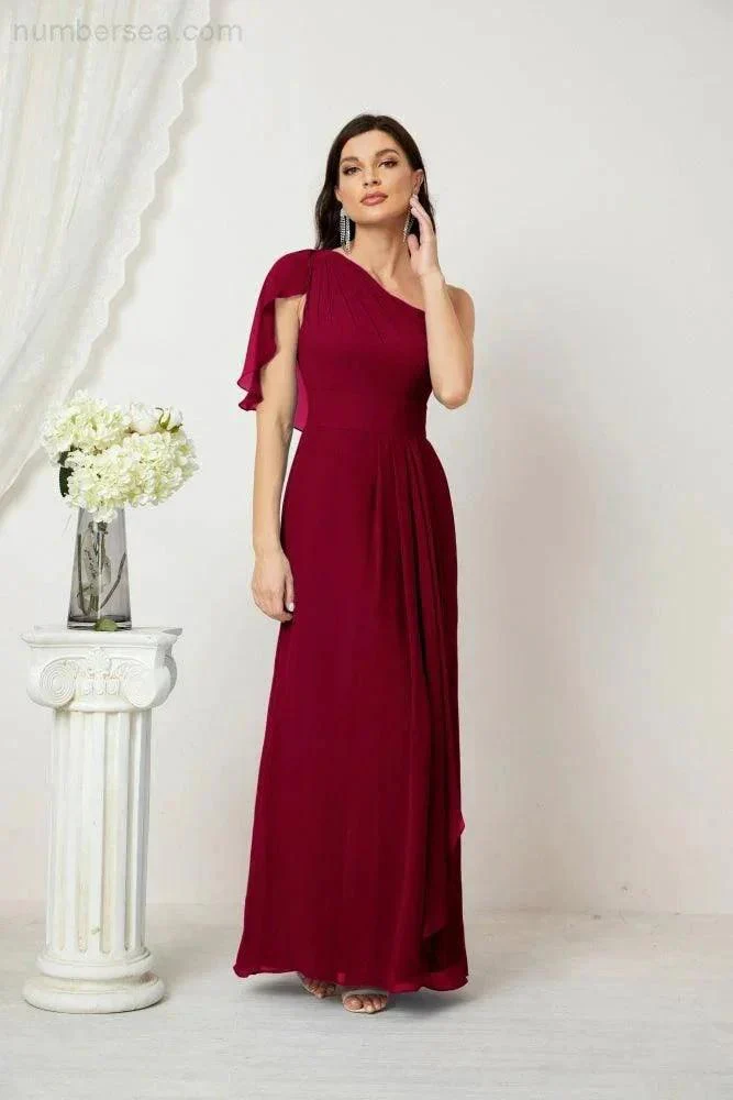 Numbersea  Chiffon Ruffled One Shoulder Long Bridesmaid Dresses A-line Formal Evening Gown Side Split 2809 - Image 164