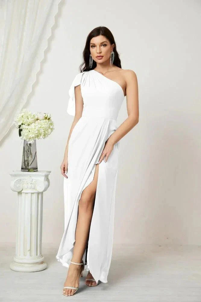 Numbersea  Chiffon Ruffled One Shoulder Long Bridesmaid Dresses A-line Formal Evening Gown Side Split 2809 - Image 165