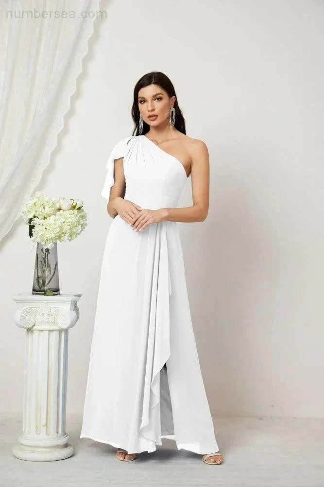 Numbersea  Chiffon Ruffled One Shoulder Long Bridesmaid Dresses A-line Formal Evening Gown Side Split 2809 - Image 167