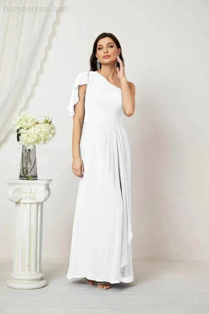Numbersea  Chiffon Ruffled One Shoulder Long Bridesmaid Dresses A-line Formal Evening Gown Side Split 2809 - Image 168