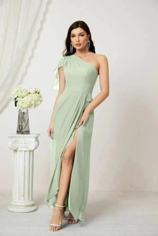 Numbersea  Chiffon Ruffled One Shoulder Long Bridesmaid Dresses A-line Formal Evening Gown Side Split 2809 - Image 17