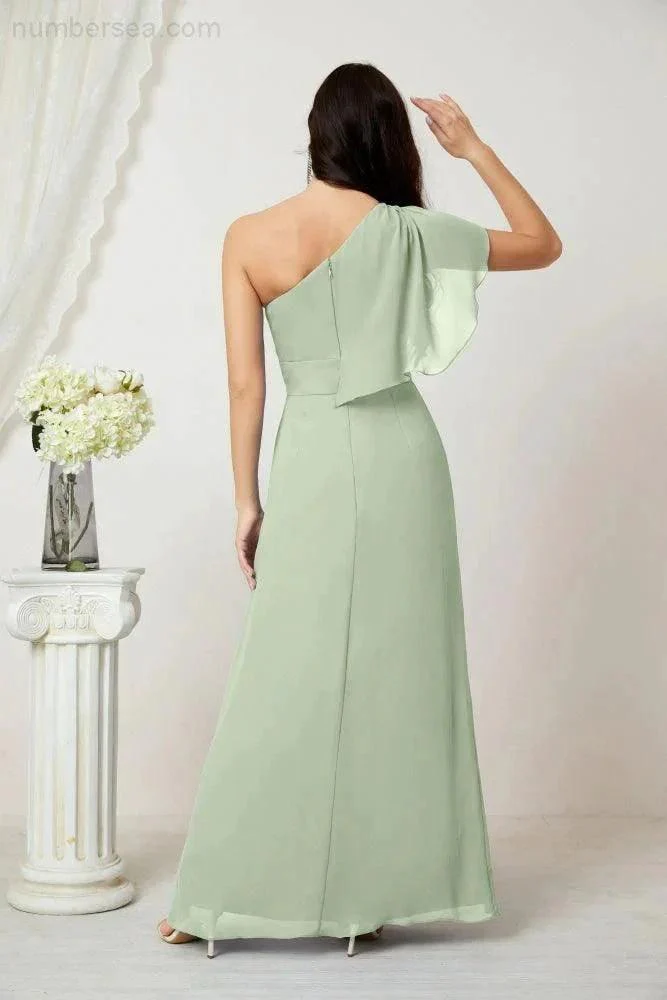 Numbersea  Chiffon Ruffled One Shoulder Long Bridesmaid Dresses A-line Formal Evening Gown Side Split 2809 - Image 18