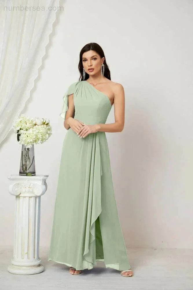 Numbersea  Chiffon Ruffled One Shoulder Long Bridesmaid Dresses A-line Formal Evening Gown Side Split 2809 - Image 19