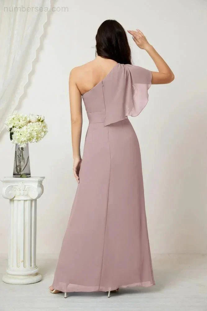 Numbersea  Chiffon Ruffled One Shoulder Long Bridesmaid Dresses A-line Formal Evening Gown Side Split 2809 - Image 2