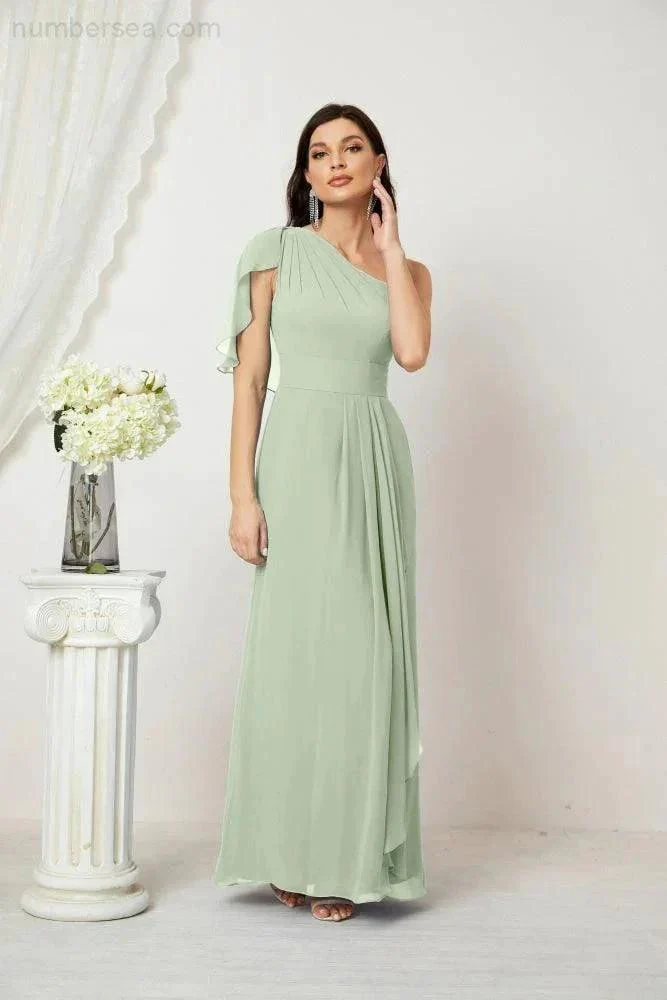 Numbersea  Chiffon Ruffled One Shoulder Long Bridesmaid Dresses A-line Formal Evening Gown Side Split 2809 - Image 20
