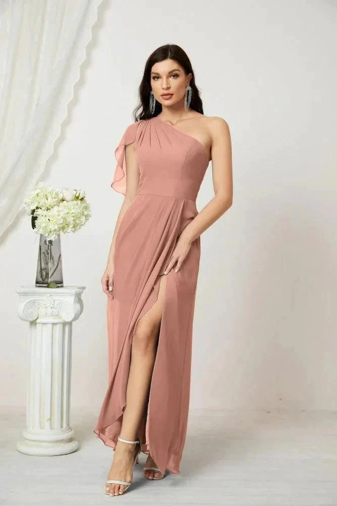 Numbersea  Chiffon Ruffled One Shoulder Long Bridesmaid Dresses A-line Formal Evening Gown Side Split 2809 - Image 21