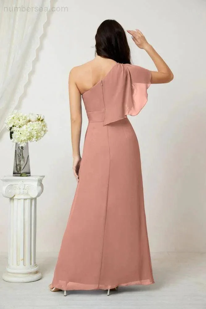Numbersea  Chiffon Ruffled One Shoulder Long Bridesmaid Dresses A-line Formal Evening Gown Side Split 2809 - Image 22