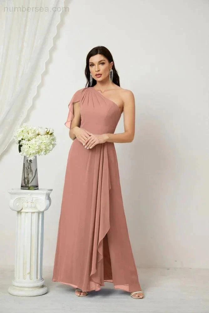 Numbersea  Chiffon Ruffled One Shoulder Long Bridesmaid Dresses A-line Formal Evening Gown Side Split 2809 - Image 23