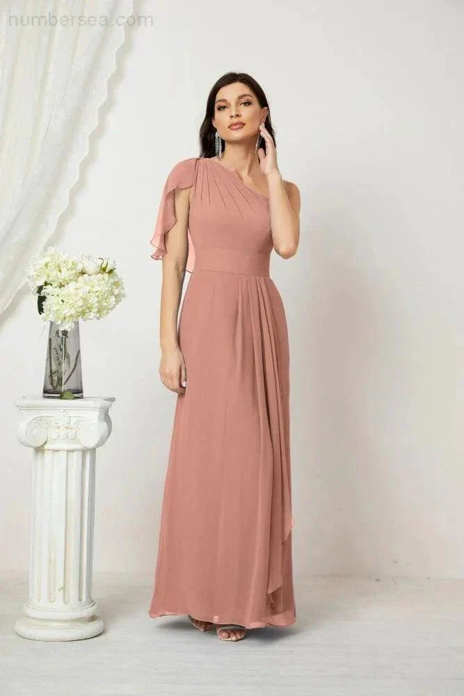 Numbersea  Chiffon Ruffled One Shoulder Long Bridesmaid Dresses A-line Formal Evening Gown Side Split 2809 - Image 24