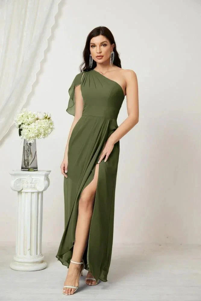 Numbersea  Chiffon Ruffled One Shoulder Long Bridesmaid Dresses A-line Formal Evening Gown Side Split 2809 - Image 25