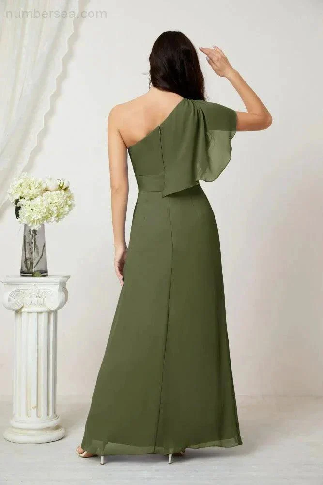 Numbersea  Chiffon Ruffled One Shoulder Long Bridesmaid Dresses A-line Formal Evening Gown Side Split 2809 - Image 26