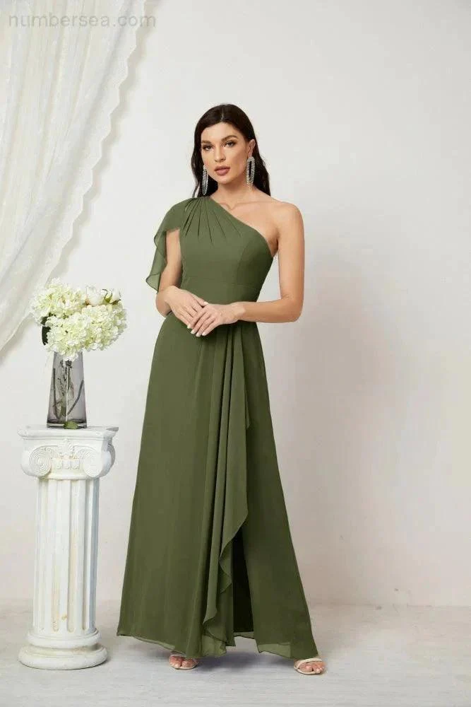 Numbersea  Chiffon Ruffled One Shoulder Long Bridesmaid Dresses A-line Formal Evening Gown Side Split 2809 - Image 27