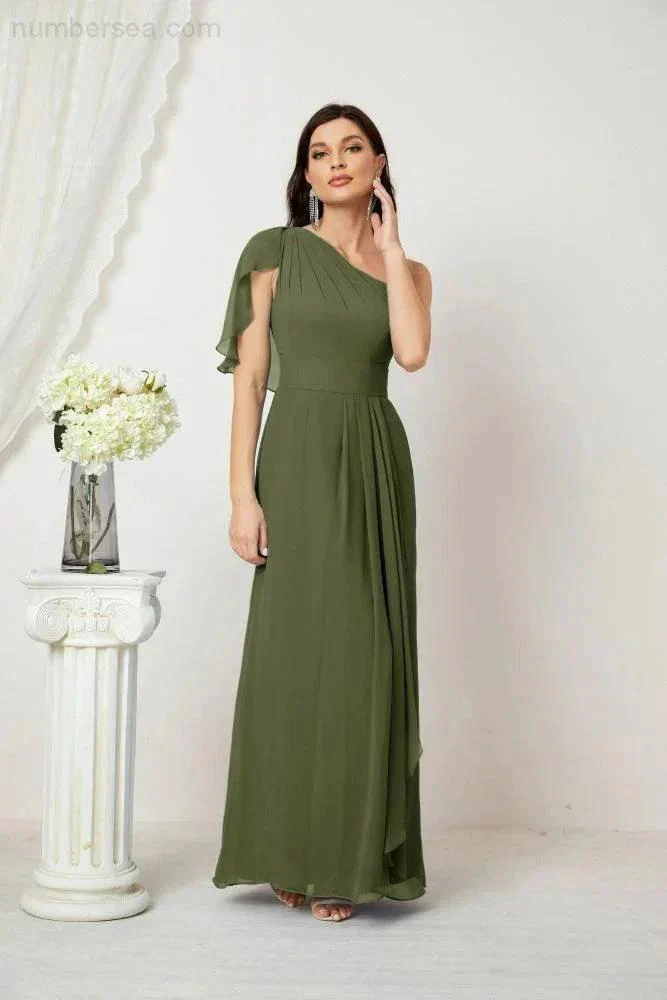Numbersea  Chiffon Ruffled One Shoulder Long Bridesmaid Dresses A-line Formal Evening Gown Side Split 2809 - Image 28