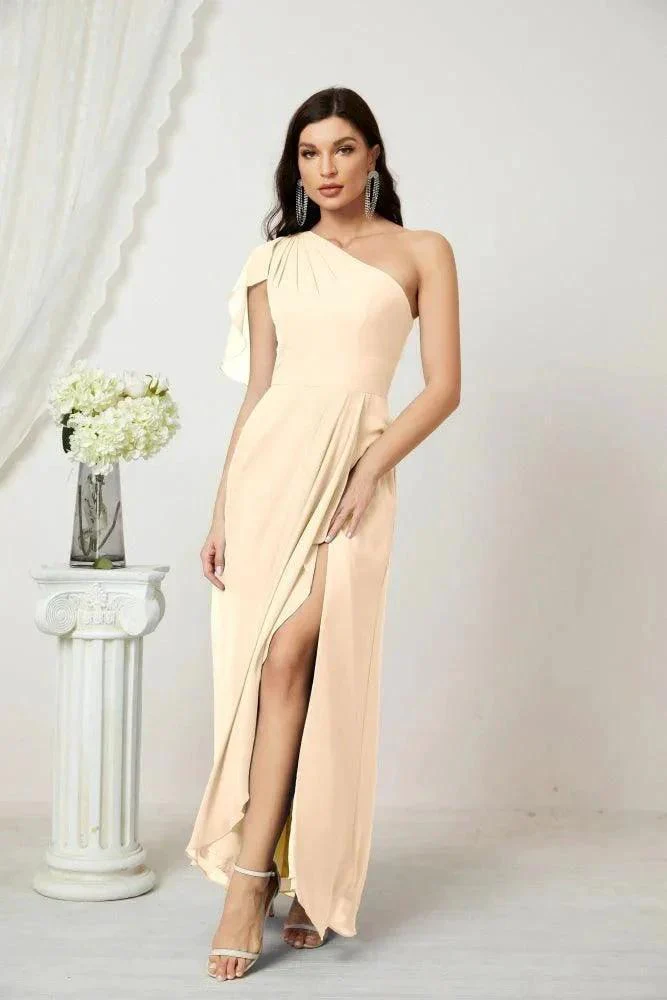 Numbersea  Chiffon Ruffled One Shoulder Long Bridesmaid Dresses A-line Formal Evening Gown Side Split 2809 - Image 29