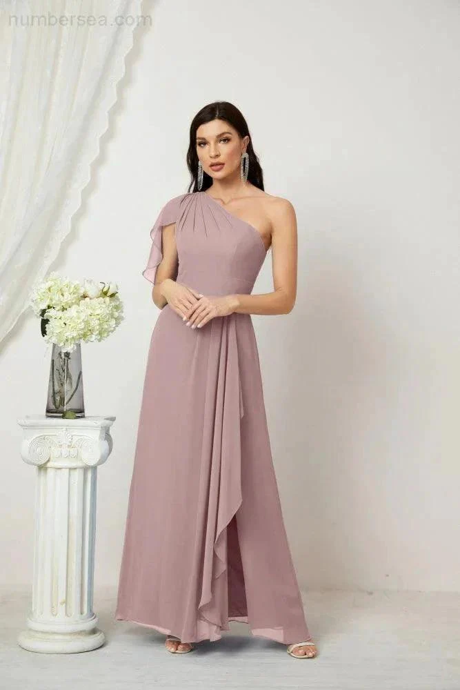 Numbersea  Chiffon Ruffled One Shoulder Long Bridesmaid Dresses A-line Formal Evening Gown Side Split 2809 - Image 3