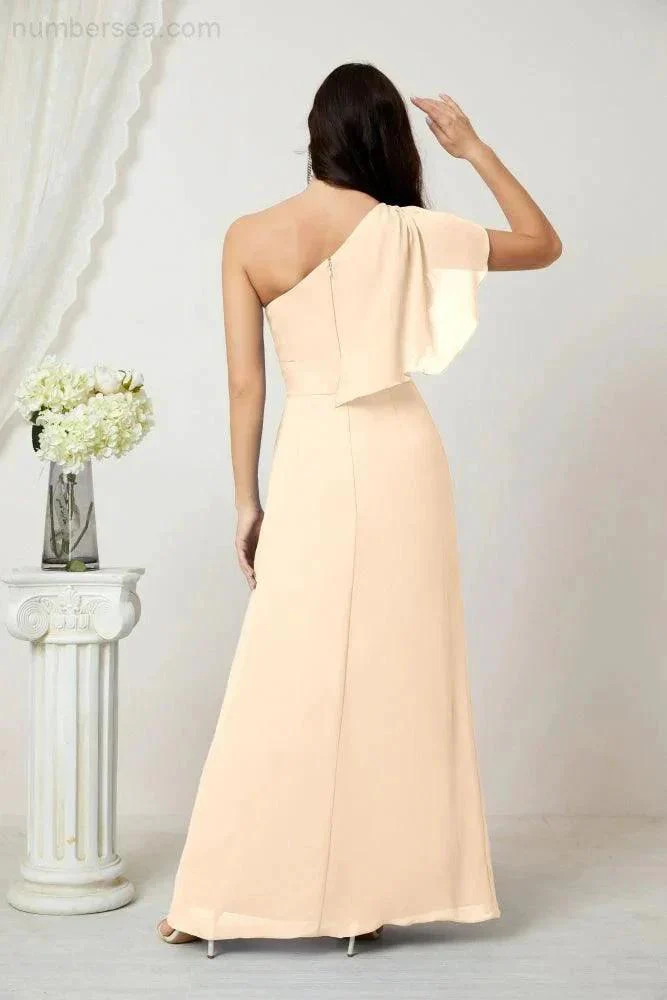 Numbersea  Chiffon Ruffled One Shoulder Long Bridesmaid Dresses A-line Formal Evening Gown Side Split 2809 - Image 30