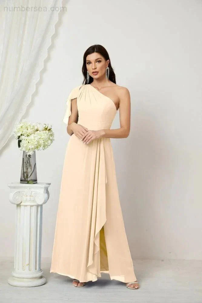 Numbersea  Chiffon Ruffled One Shoulder Long Bridesmaid Dresses A-line Formal Evening Gown Side Split 2809 - Image 31