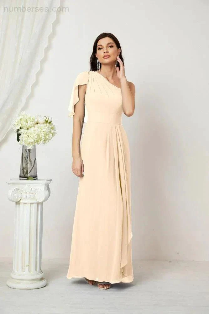 Numbersea  Chiffon Ruffled One Shoulder Long Bridesmaid Dresses A-line Formal Evening Gown Side Split 2809 - Image 32