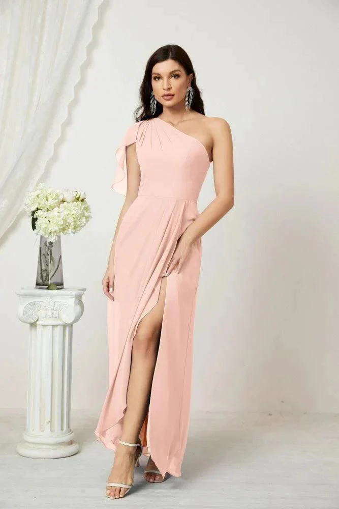 Numbersea  Chiffon Ruffled One Shoulder Long Bridesmaid Dresses A-line Formal Evening Gown Side Split 2809 - Image 33