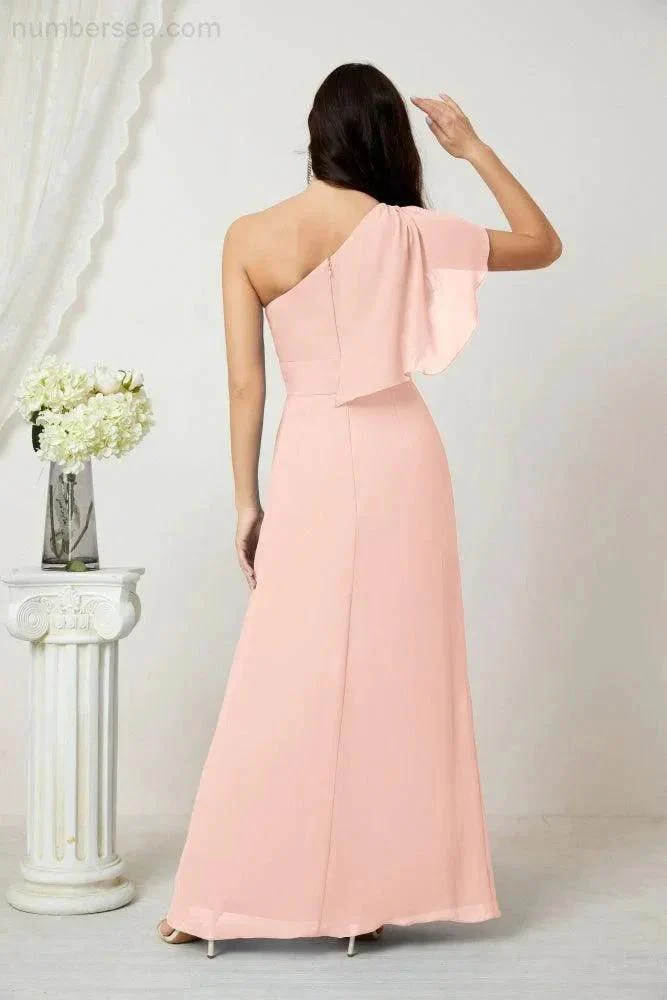 Numbersea  Chiffon Ruffled One Shoulder Long Bridesmaid Dresses A-line Formal Evening Gown Side Split 2809 - Image 34