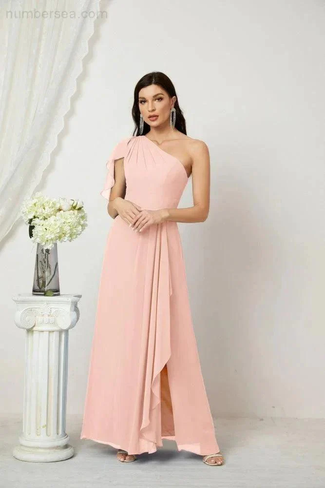 Numbersea  Chiffon Ruffled One Shoulder Long Bridesmaid Dresses A-line Formal Evening Gown Side Split 2809 - Image 35