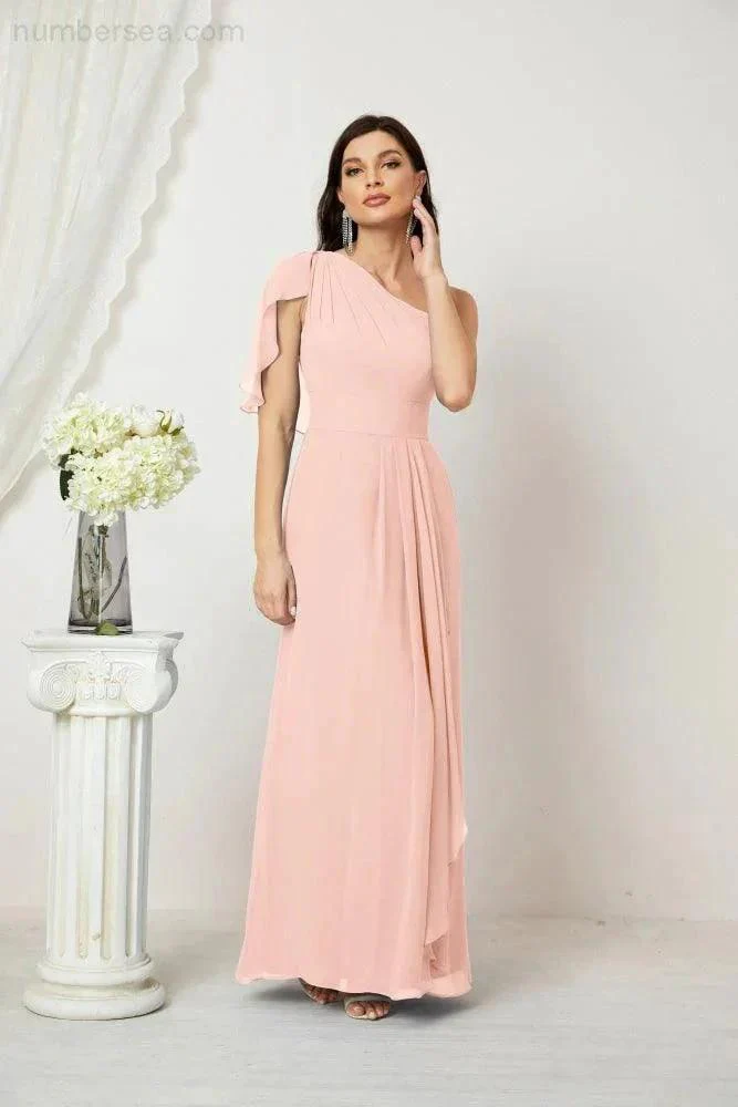 Numbersea  Chiffon Ruffled One Shoulder Long Bridesmaid Dresses A-line Formal Evening Gown Side Split 2809 - Image 36