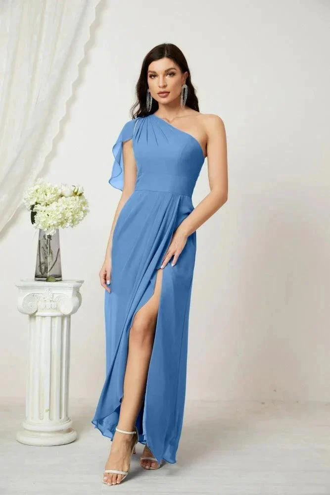 Numbersea  Chiffon Ruffled One Shoulder Long Bridesmaid Dresses A-line Formal Evening Gown Side Split 2809 - Image 37