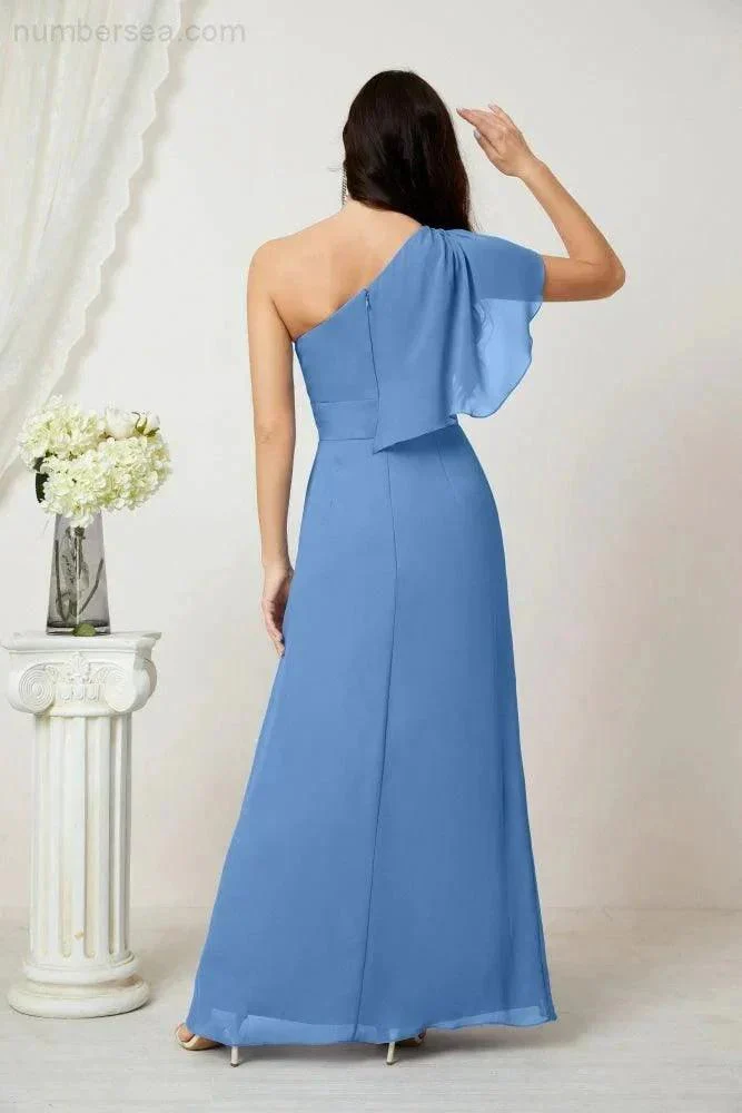 Numbersea  Chiffon Ruffled One Shoulder Long Bridesmaid Dresses A-line Formal Evening Gown Side Split 2809 - Image 38