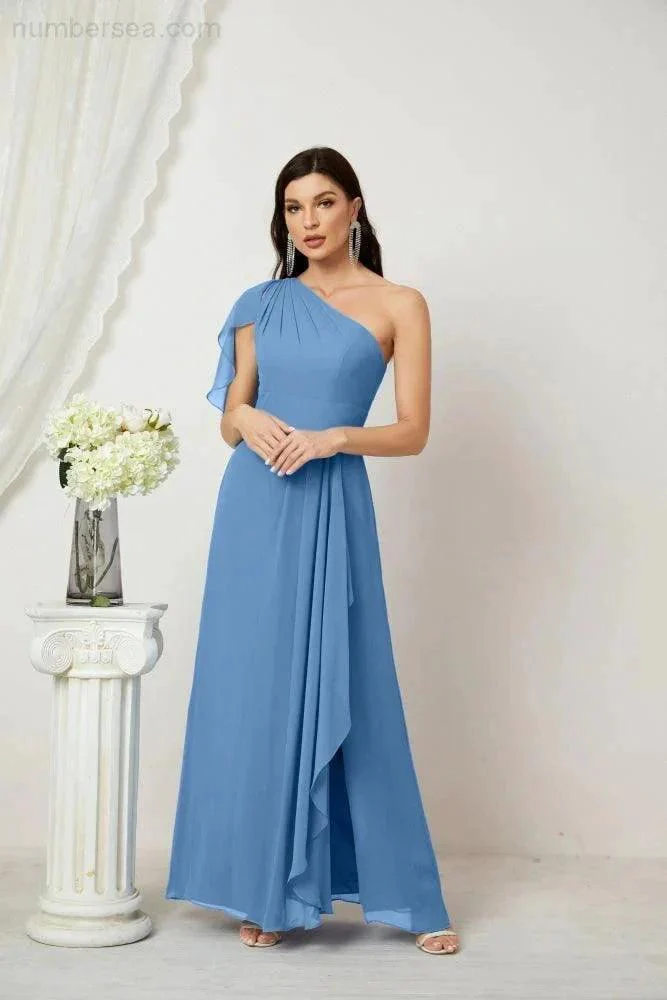 Numbersea  Chiffon Ruffled One Shoulder Long Bridesmaid Dresses A-line Formal Evening Gown Side Split 2809 - Image 39