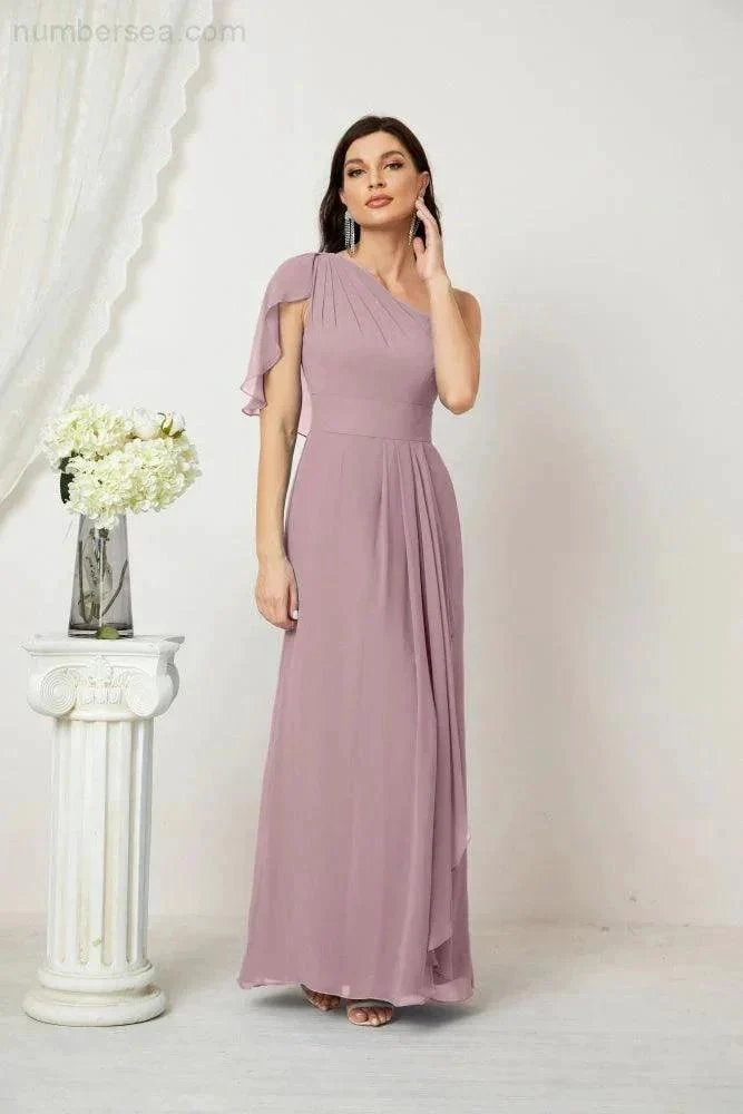 Numbersea  Chiffon Ruffled One Shoulder Long Bridesmaid Dresses A-line Formal Evening Gown Side Split 2809 - Image 4