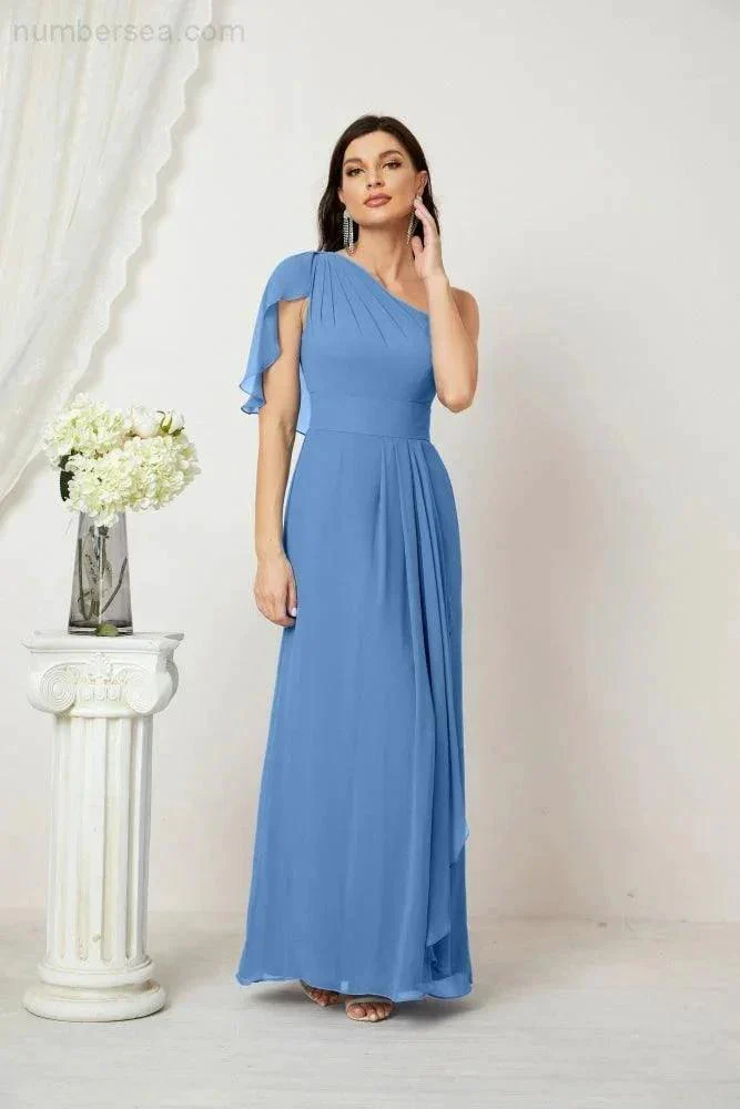 Numbersea  Chiffon Ruffled One Shoulder Long Bridesmaid Dresses A-line Formal Evening Gown Side Split 2809 - Image 40
