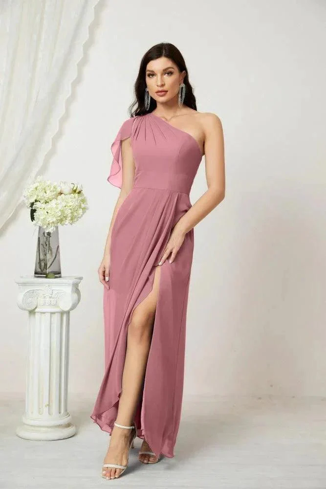Numbersea  Chiffon Ruffled One Shoulder Long Bridesmaid Dresses A-line Formal Evening Gown Side Split 2809 - Image 41