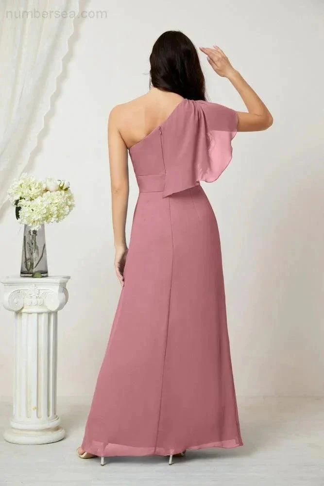 Numbersea  Chiffon Ruffled One Shoulder Long Bridesmaid Dresses A-line Formal Evening Gown Side Split 2809 - Image 42