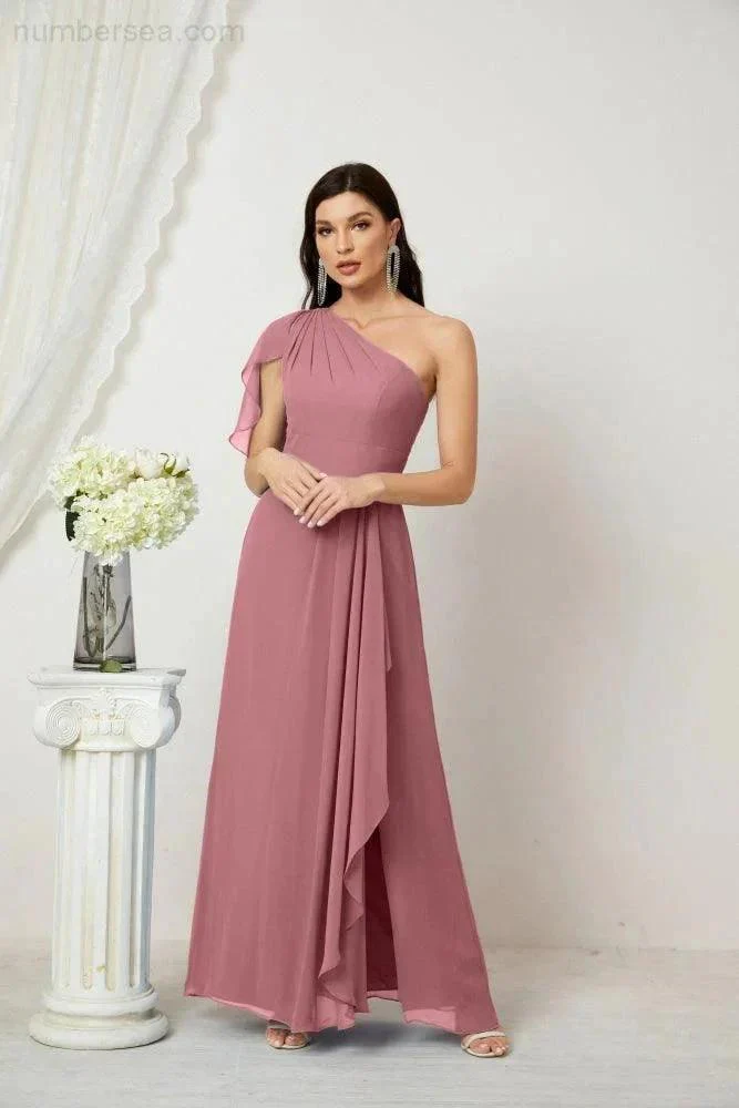 Numbersea  Chiffon Ruffled One Shoulder Long Bridesmaid Dresses A-line Formal Evening Gown Side Split 2809 - Image 43