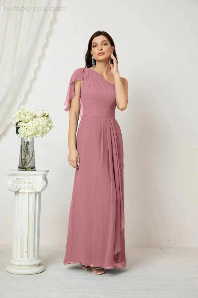 Numbersea  Chiffon Ruffled One Shoulder Long Bridesmaid Dresses A-line Formal Evening Gown Side Split 2809 - Image 44