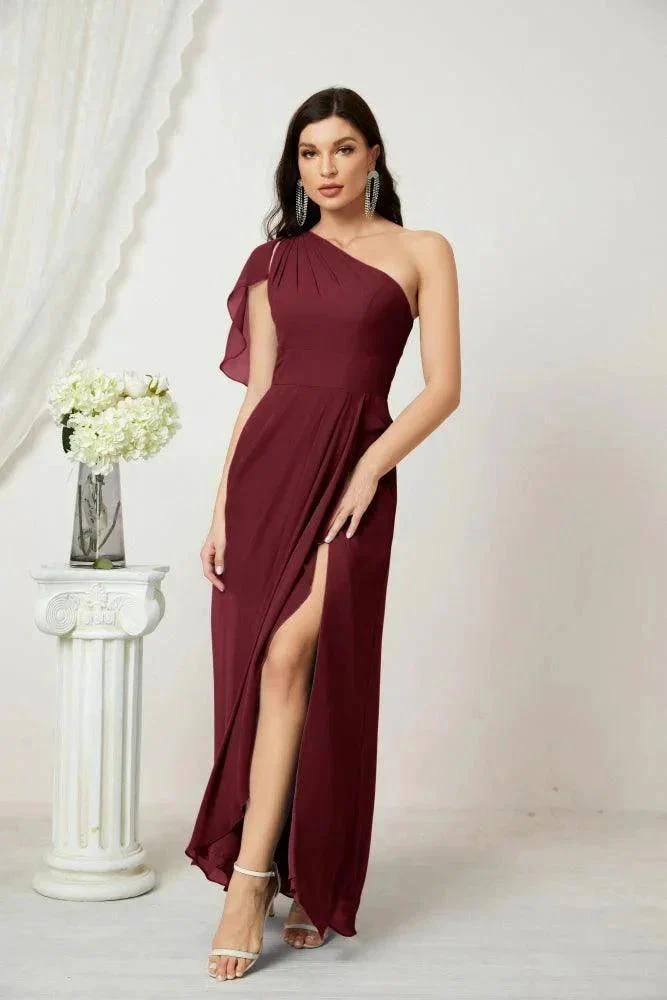 Numbersea  Chiffon Ruffled One Shoulder Long Bridesmaid Dresses A-line Formal Evening Gown Side Split 2809 - Image 45