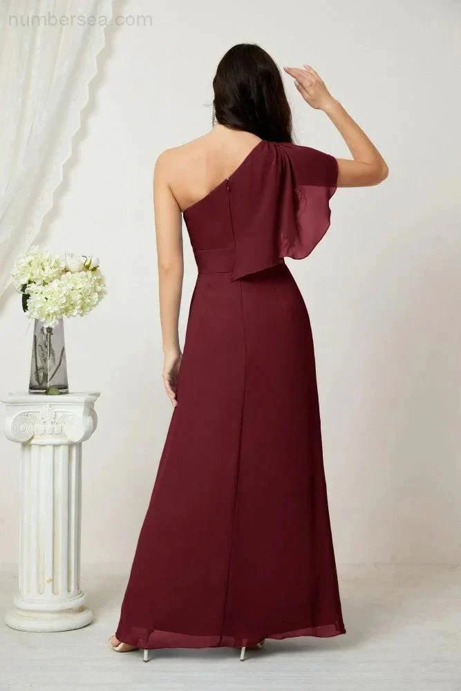 Numbersea  Chiffon Ruffled One Shoulder Long Bridesmaid Dresses A-line Formal Evening Gown Side Split 2809 - Image 46