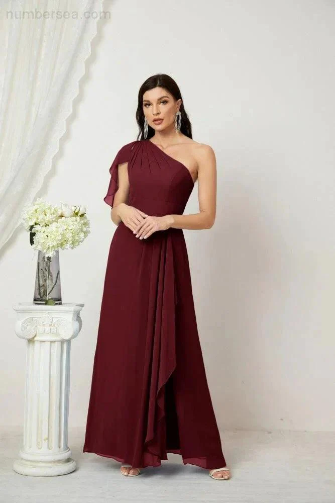 Numbersea  Chiffon Ruffled One Shoulder Long Bridesmaid Dresses A-line Formal Evening Gown Side Split 2809 - Image 47