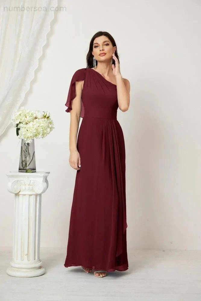 Numbersea  Chiffon Ruffled One Shoulder Long Bridesmaid Dresses A-line Formal Evening Gown Side Split 2809 - Image 48