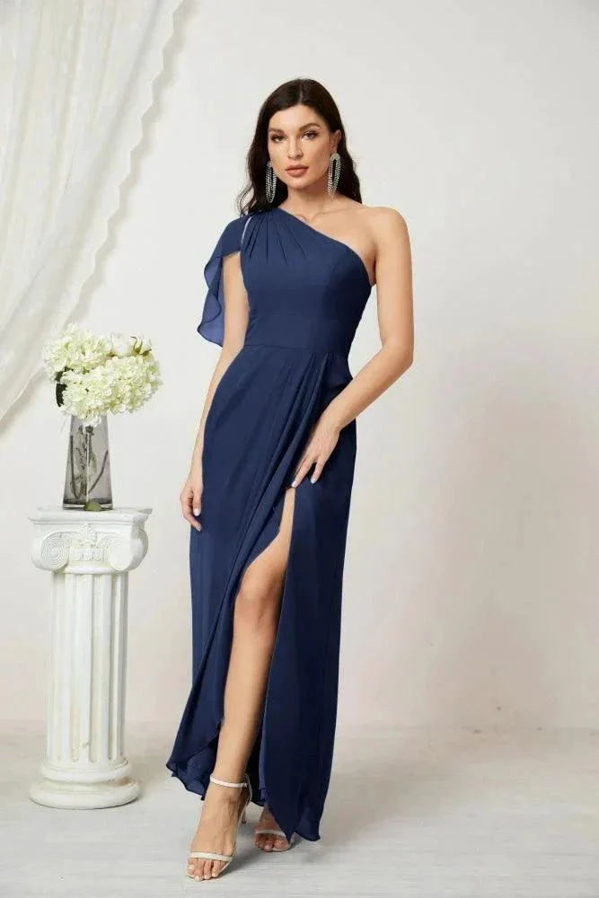 Numbersea  Chiffon Ruffled One Shoulder Long Bridesmaid Dresses A-line Formal Evening Gown Side Split 2809 - Image 49
