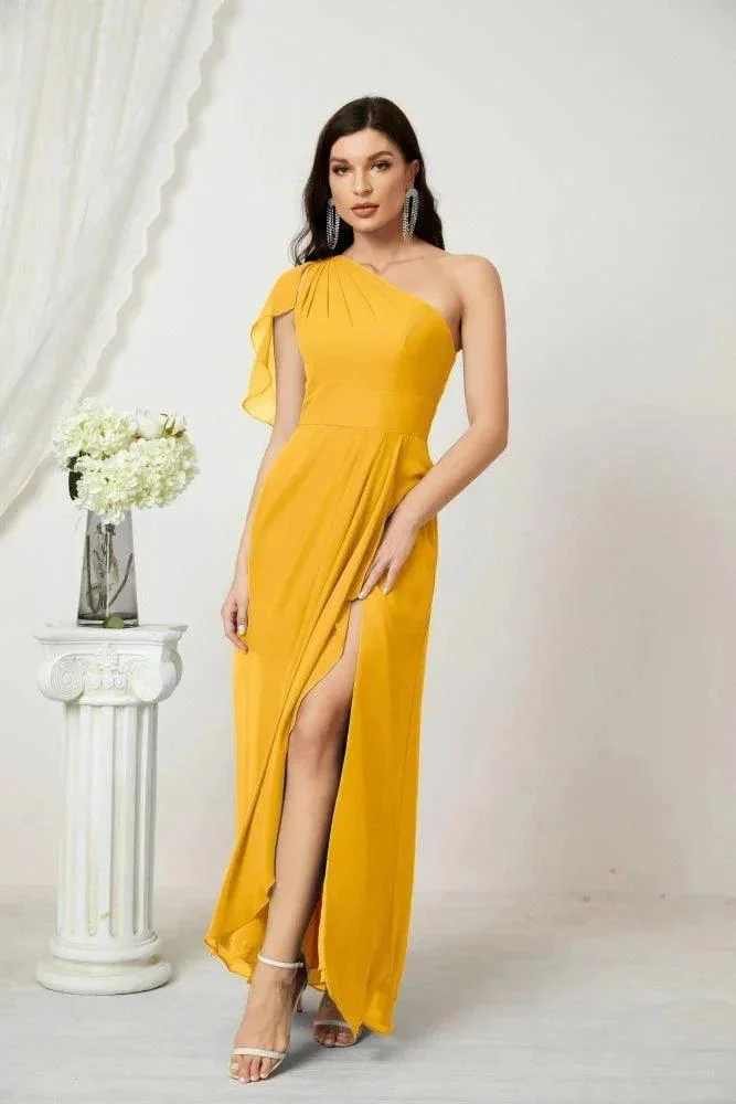 Numbersea  Chiffon Ruffled One Shoulder Long Bridesmaid Dresses A-line Formal Evening Gown Side Split 2809 - Image 5