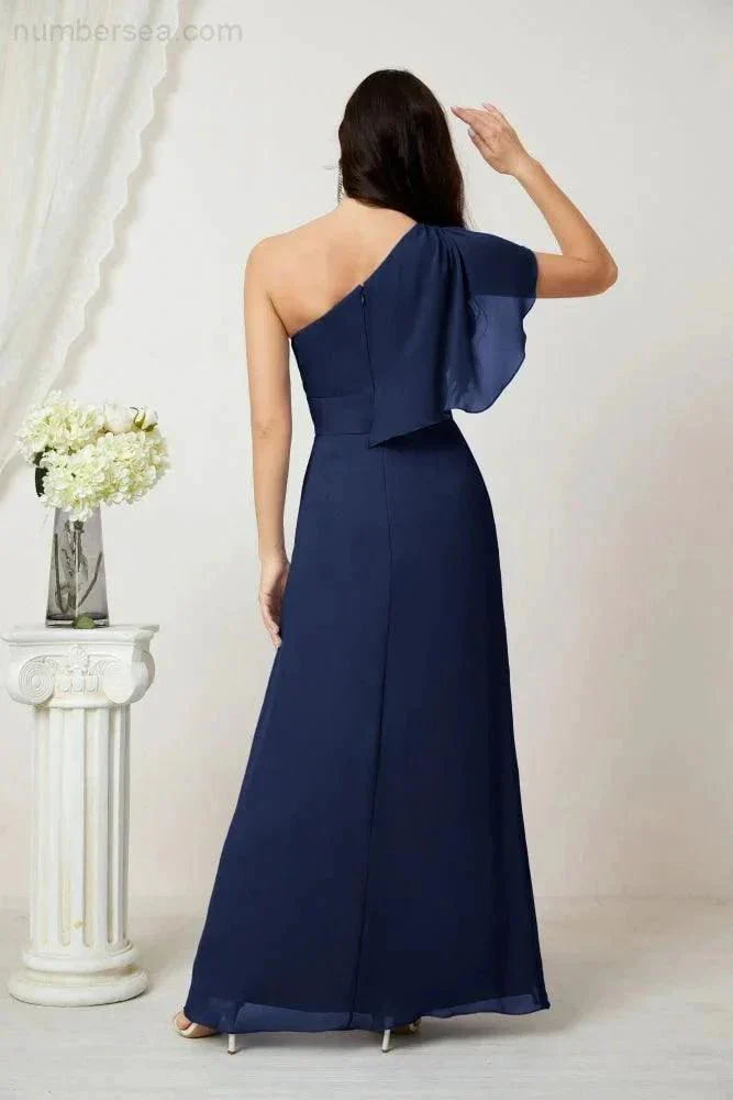 Numbersea  Chiffon Ruffled One Shoulder Long Bridesmaid Dresses A-line Formal Evening Gown Side Split 2809 - Image 50