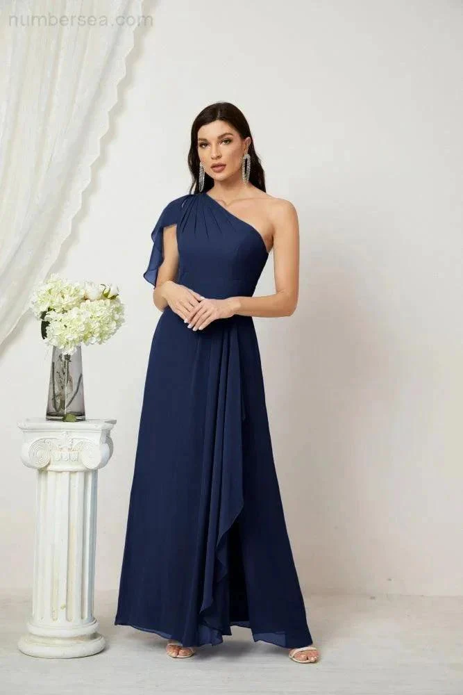 Numbersea  Chiffon Ruffled One Shoulder Long Bridesmaid Dresses A-line Formal Evening Gown Side Split 2809 - Image 51